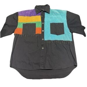 Vintage Machine Suede Leather Cotton Patch Button Up Shirt 90s Hip Hop Mens XL